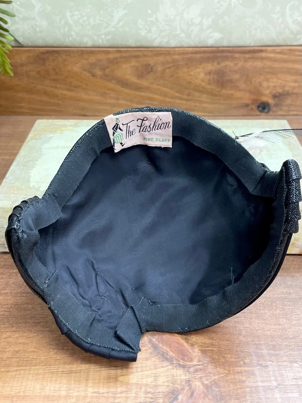 Vintage 1950s The Fashion Black Pleated Half Hat Turban Feather Fascinator
